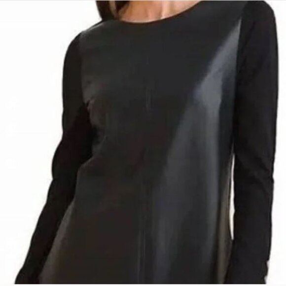 Chico’s Size 4 XXL Black Vegan Leather Mixed Media Long Sleeve Tunic Top Sleek - Picture 1 of 6